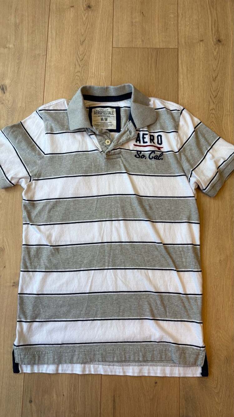 Aeropostale Striped Polo Shirt Size M Gray White Aero So. Cal.